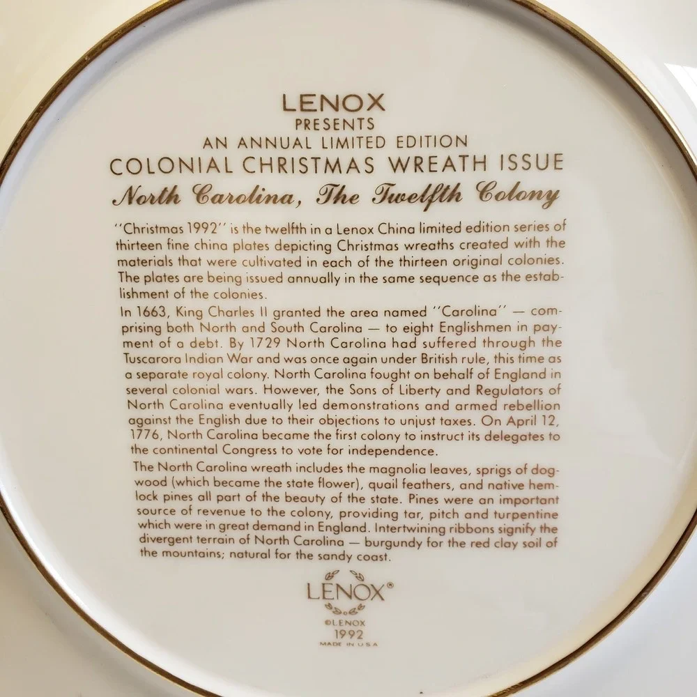 Lenox Wreath Plate 1992 North Carolina Colonial Christmas Ivory Gold